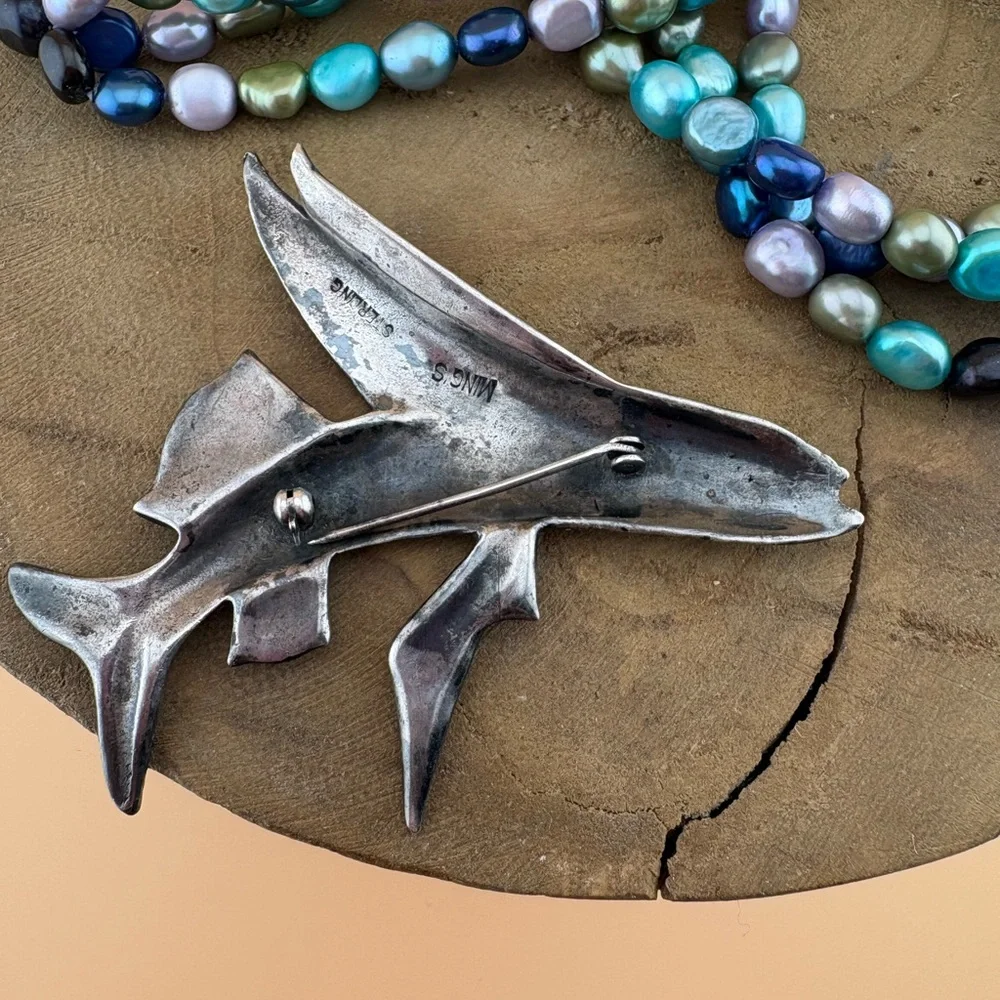 🌺 Vintage Ming’s Sterling Silver Flying Fish Brooch-Large Statement